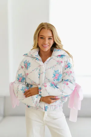 Floral Puffer Jacket with Ribbon