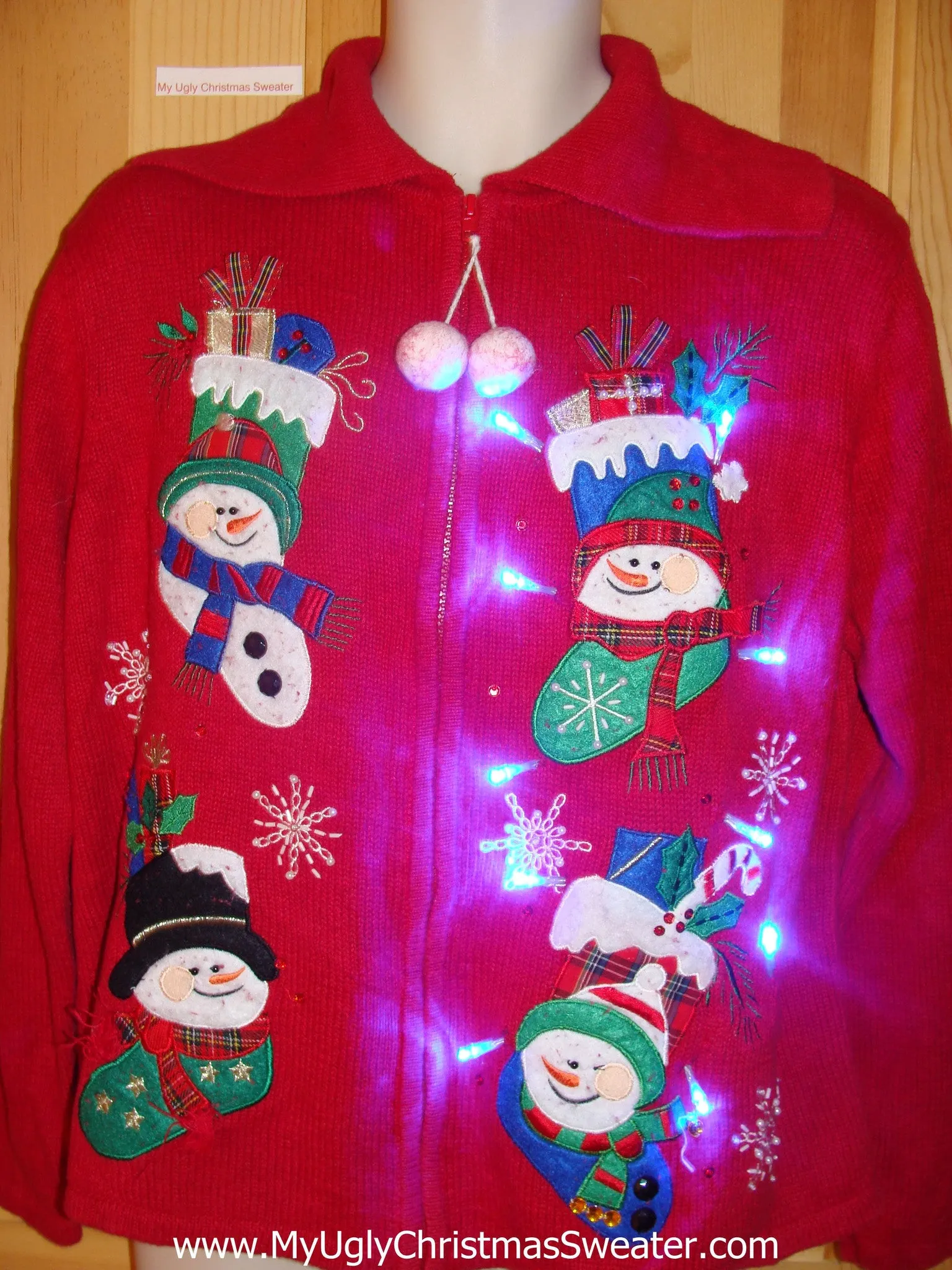 Light Up Christmas Sweater Dangling PomPom Zipper Pull