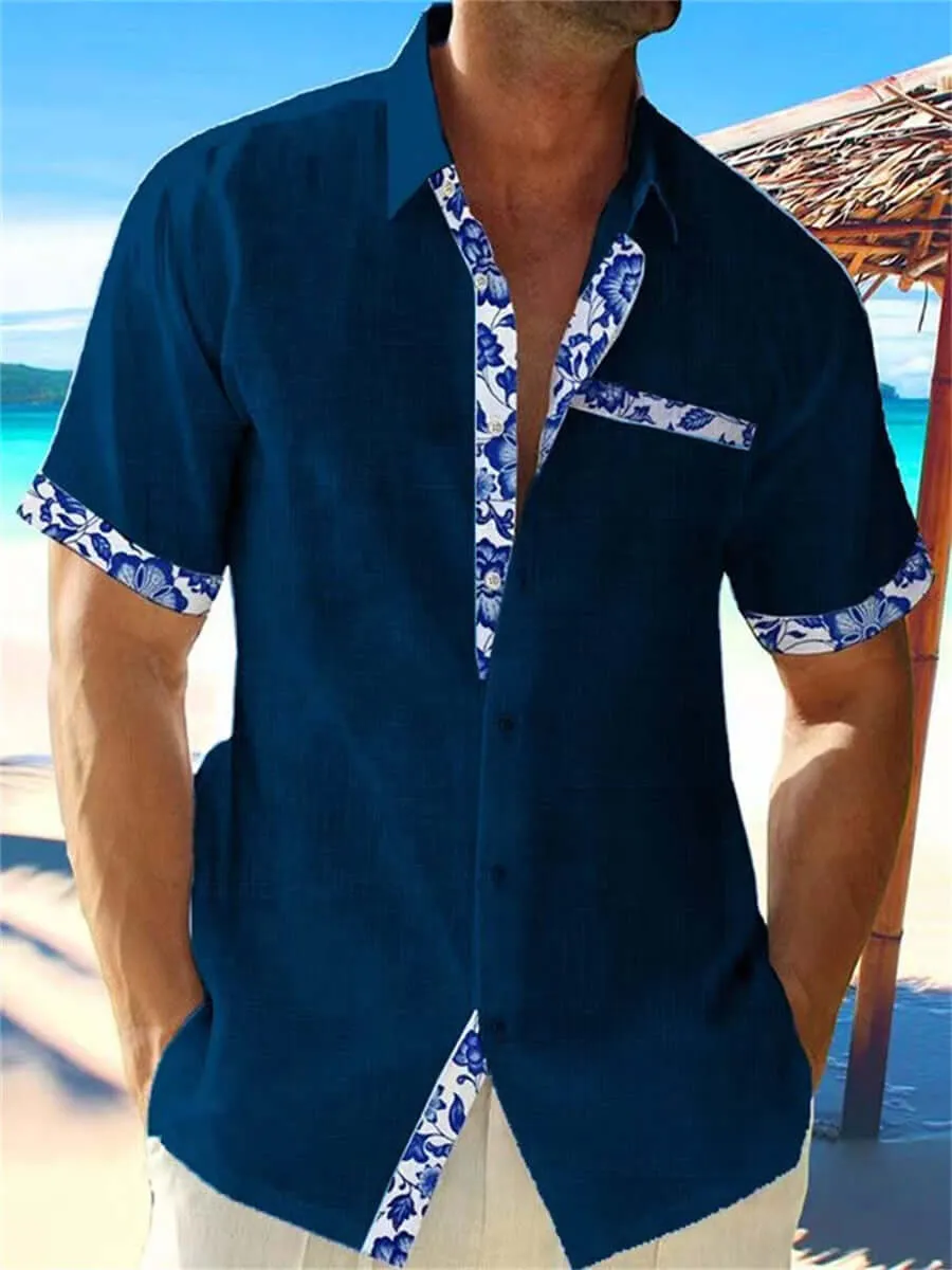 Men's Breathable Linen Shirt: Casual Fit, Floral Trim