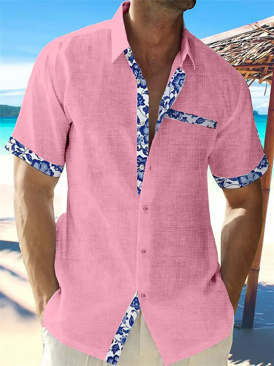Men's Breathable Linen Shirt: Casual Fit, Floral Trim