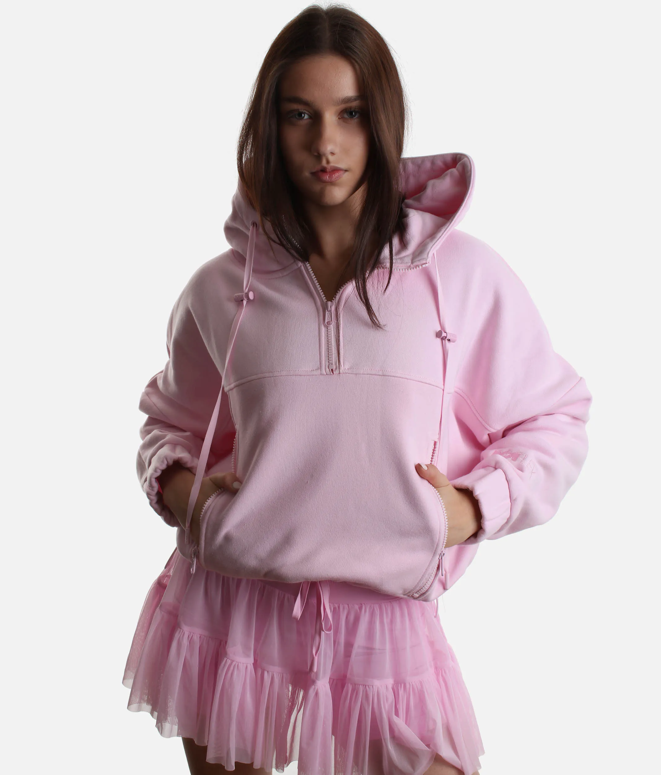 Pretty in Pink - Oversized Half Zip Hoodie with Kangaroo Pocket